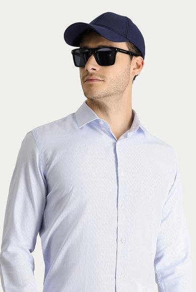 Erkek Giyim - AÇIK MAVİ XL Beden Uzun Kol Slim Fit Dar Kesim Non Iron Desenli Pamuklu Gömlek