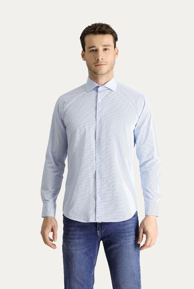Erkek Giyim - AÇIK MAVİ XL Beden Uzun Kol Slim Fit Dar Kesim Non Iron Klasik Desenli Pamuklu Gömlek