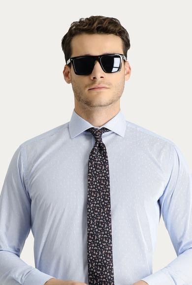Erkek Giyim - AÇIK MAVİ XL Beden Uzun Kol Slim Fit Dar Kesim Non Iron Klasik Desenli Pamuklu Gömlek