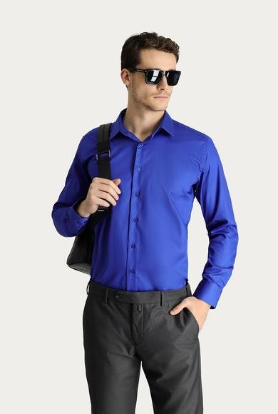 Erkek Giyim - SAKS MAVİ M Beden Uzun Kol Slim Fit Dar Kesim Non Iron Saten Pamuklu Gömlek
