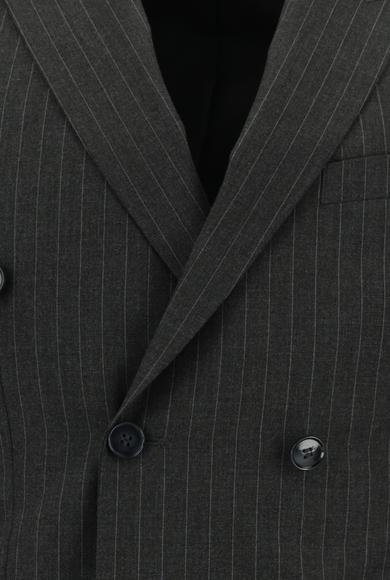 Erkek Giyim - ORTA ANTRASİT 54 Beden Super Slim Fit Ekstra Dar Kesim Çizgili Kruvaze Takım Elbise