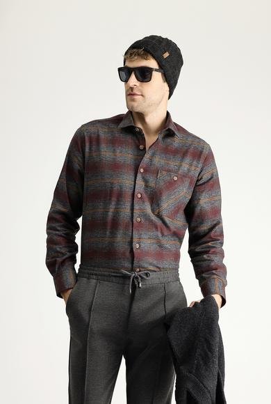 Erkek Giyim - KOYU BORDO 3X Beden Uzun Kol Regular Fit Oduncu Ekose Pamuk Gömlek