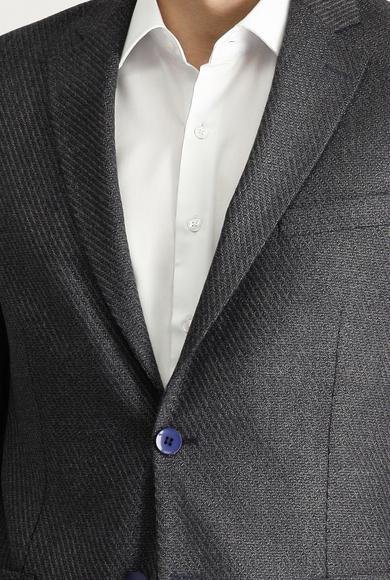 Erkek Giyim - KOYU ANTRASİT 58 Beden Slim Fit Dar Kesim Desenli Ceket