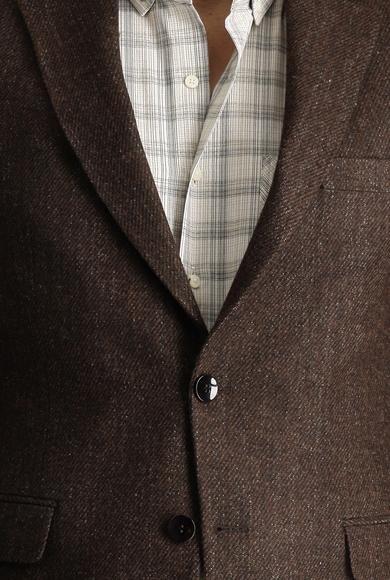 Erkek Giyim - KOYU KAHVE 54 Beden Slim Fit Dar Kesim Yünlü Klasik Desenli Ceket