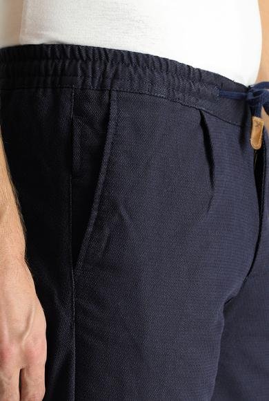Erkek Giyim - KOYU LACİVERT 50 Beden Slim Fit Dar Kesim Beli Lastikli İpli Desenli Likralı Pantolon