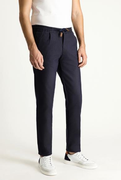Erkek Giyim - KOYU LACİVERT 50 Beden Slim Fit Dar Kesim Beli Lastikli İpli Desenli Likralı Pantolon