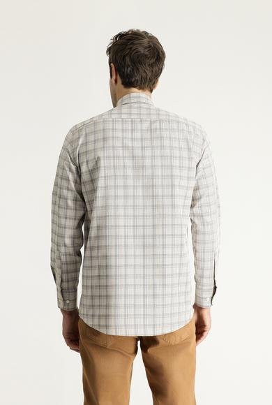 Erkek Giyim - AÇIK BEJ XXL Beden Uzun Kol Regular Fit Ekose Pamuklu Gömlek