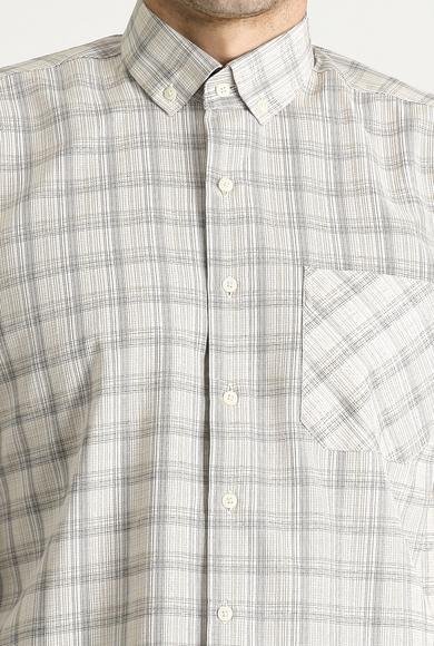Erkek Giyim - AÇIK BEJ XXL Beden Uzun Kol Regular Fit Ekose Pamuklu Gömlek