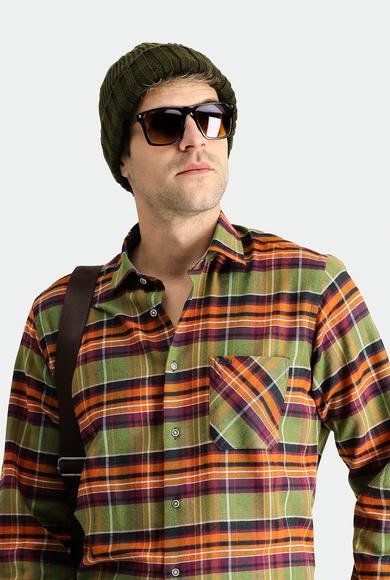 Erkek Giyim - YAĞ YEŞİLİ LOT 1 XL Beden Uzun Kol Regular Fit Ekose Oduncu Pamuklu Gömlek