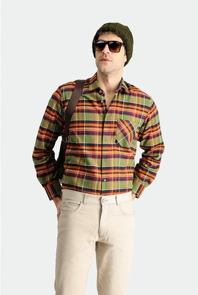Erkek Giyim - YAĞ YEŞİLİ LOT 1 XL Beden Uzun Kol Regular Fit Ekose Oduncu Pamuklu Gömlek