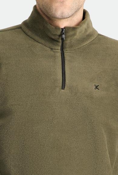 Erkek Giyim - ORTA HAKİ XL Beden Yarım Fermuarlı Nakışlı Polar Sweatshirt