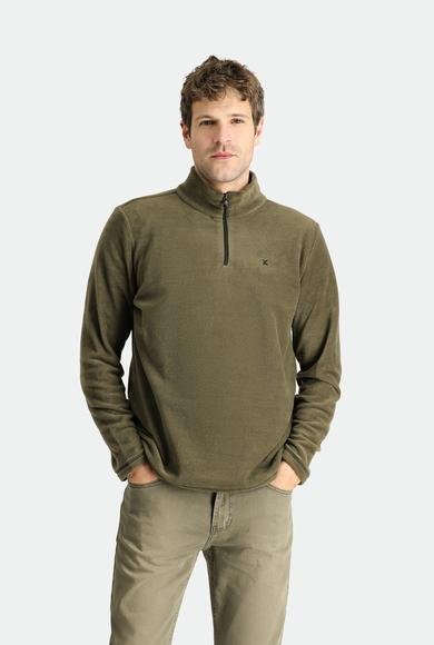Erkek Giyim - ORTA HAKİ XL Beden Yarım Fermuarlı Nakışlı Polar Sweatshirt