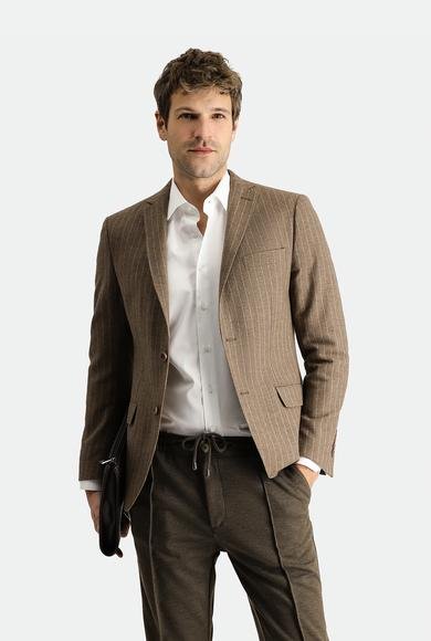 Erkek Giyim - KOYU VİZON 46 Beden Super Slim Fit Ekstra Dar Kesim Yünlü Klasik Çizgili Ceket