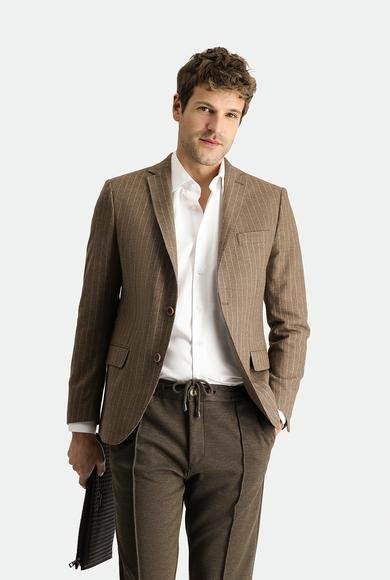 Erkek Giyim - KOYU VİZON 46 Beden Super Slim Fit Ekstra Dar Kesim Yünlü Klasik Çizgili Ceket