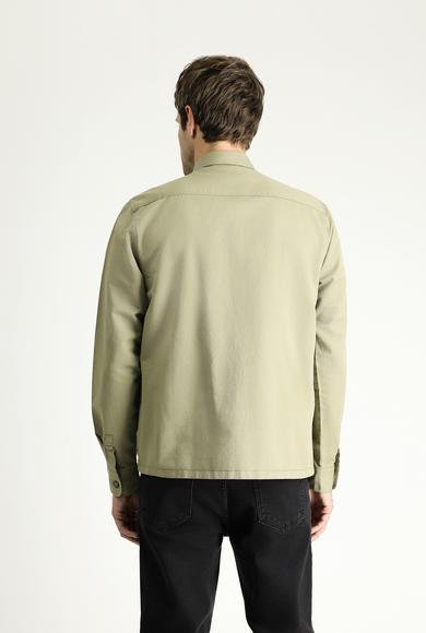 Erkek Giyim - AÇIK HAKİ 54 Beden Uzun Kol Oversize Shacket Keten Gömlek / Mont