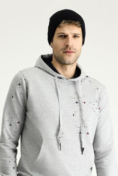 Erkek Giyim - AÇIK GRİ MELANJ S Beden Slim Fit Dar Kesim Kapüşonlu Baskılı Pamuklu Sweatshirt