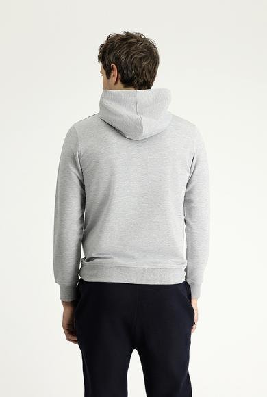 Erkek Giyim - AÇIK GRİ MELANJ S Beden Slim Fit Dar Kesim Kapüşonlu Baskılı Pamuklu Sweatshirt
