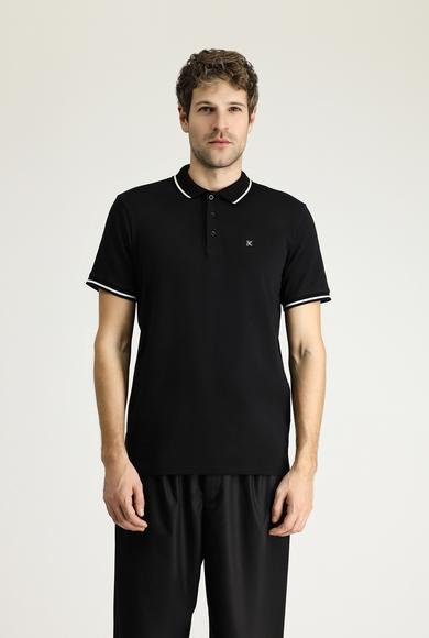 Erkek Giyim - SİYAH L Beden Polo Yaka Slim Fit Dar Kesim Nakışlı Süprem Pamuklu Tişört
