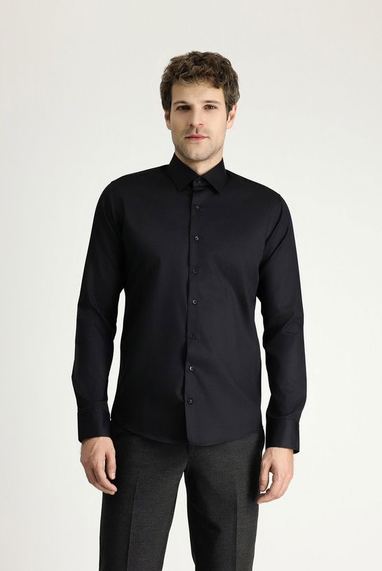 Erkek Giyim - Uzun Kol Slim Fit Dar Kesim Klasik Non Iron Saten Pamuklu Gömlek