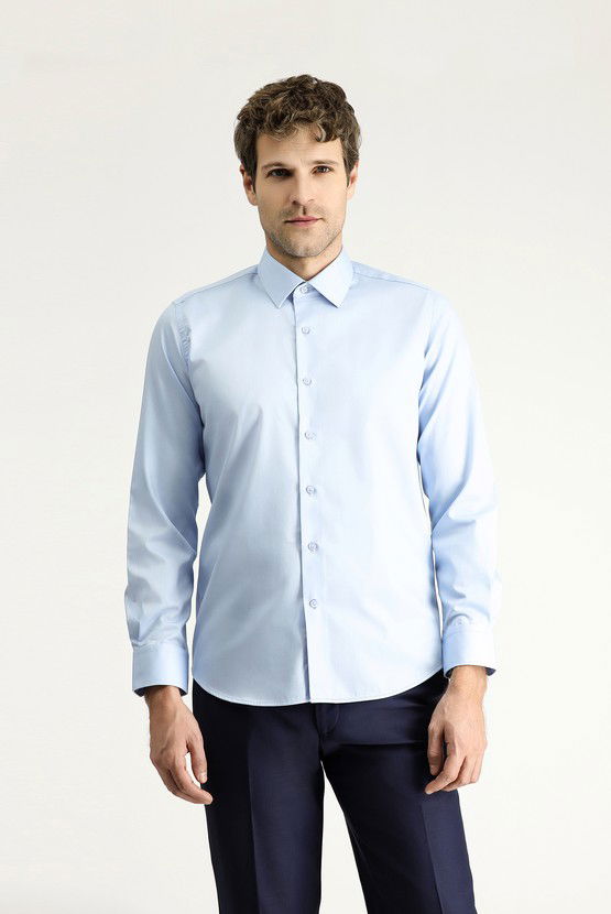 Erkek Giyim - Uzun Kol Slim Fit Dar Kesim Klasik Non Iron Saten Pamuklu Gömlek