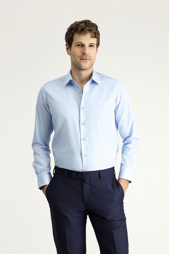 Erkek Giyim - Uzun Kol Slim Fit Dar Kesim Klasik Non Iron Saten Pamuklu Gömlek