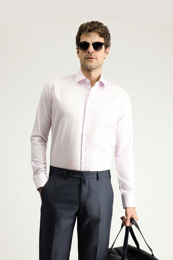 Erkek Giyim - Uzun Kol Slim Fit Dar Kesim Non Iron Saten Klasik Pamuklu Gömlek