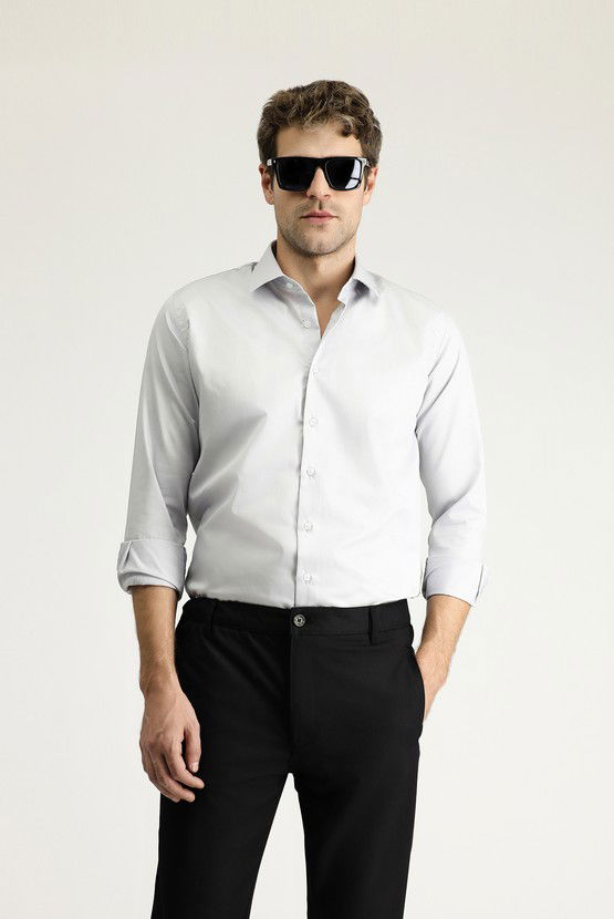 Erkek Giyim - Uzun Kol Slim Fit Dar Kesim Klasik Non Iron Saten Pamuklu Gömlek