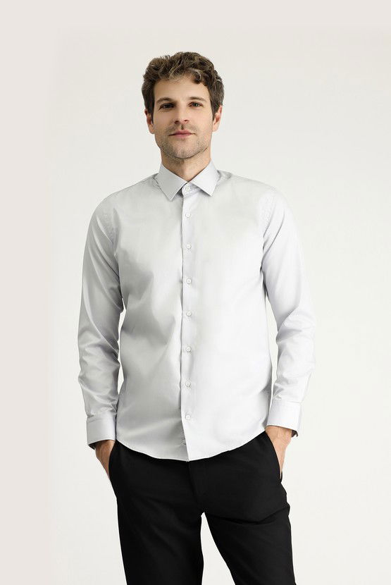 Erkek Giyim - Uzun Kol Slim Fit Dar Kesim Klasik Non Iron Saten Pamuklu Gömlek