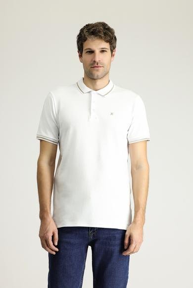 Erkek Giyim - BEYAZ L Beden Polo Yaka Slim Fit Dar Kesim Nakışlı Süprem Pamuklu Tişört