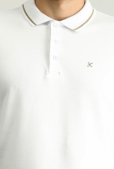 Erkek Giyim - BEYAZ L Beden Polo Yaka Slim Fit Dar Kesim Nakışlı Süprem Pamuklu Tişört