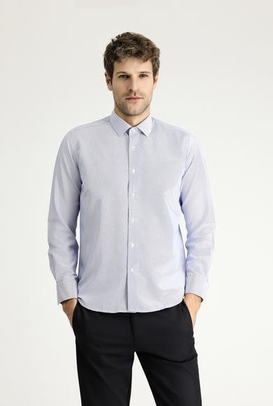 Erkek Giyim - KOYU MAVİ L Beden Uzun Kol Slim Fit Dar Kesim Klasik Çizgili Pamuklu Gömlek