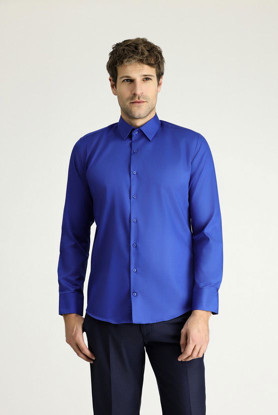 Erkek Giyim - Uzun Kol Slim Fit Dar Kesim Klasik Non Iron Saten Pamuklu Gömlek