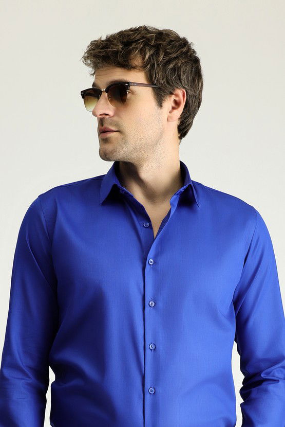 Erkek Giyim - Uzun Kol Slim Fit Dar Kesim Klasik Non Iron Saten Pamuklu Gömlek