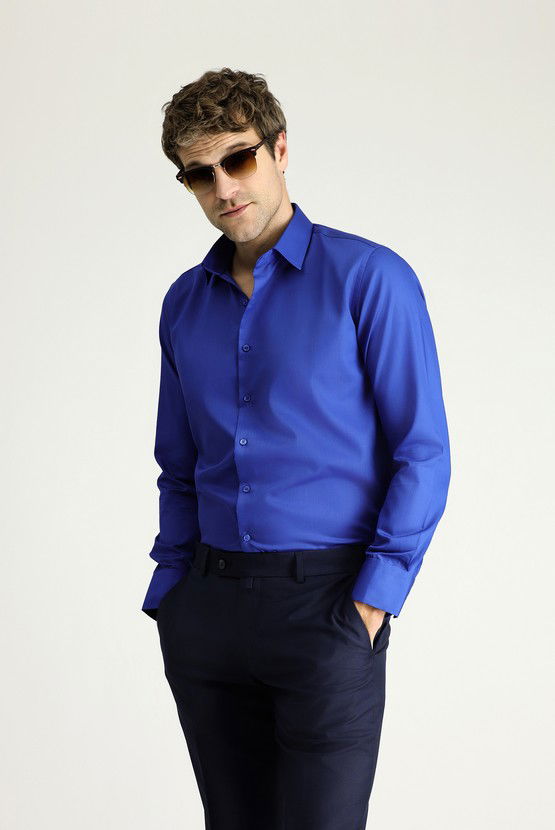 Erkek Giyim - Uzun Kol Slim Fit Dar Kesim Klasik Non Iron Saten Pamuklu Gömlek