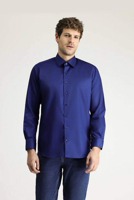 Erkek Giyim - Uzun Kol Slim Fit Dar Kesim Klasik Non Iron Saten Pamuklu Gömlek