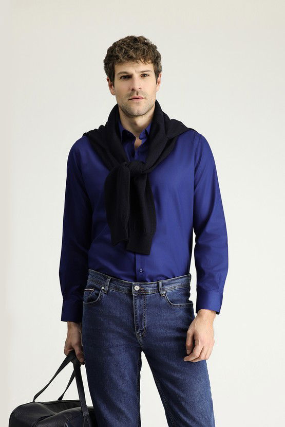 Erkek Giyim - Uzun Kol Slim Fit Dar Kesim Klasik Non Iron Saten Pamuklu Gömlek