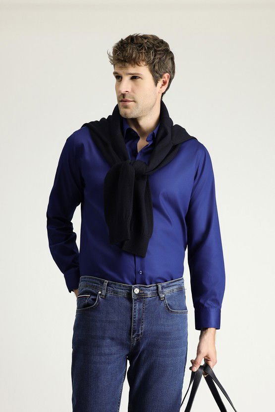 Erkek Giyim - Uzun Kol Slim Fit Dar Kesim Klasik Non Iron Saten Pamuklu Gömlek