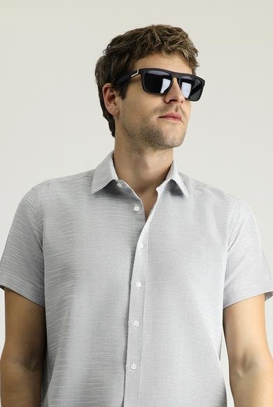 Erkek Giyim - SİYAH L Beden Kısa Kol Regular Fit Desenli Pamuklu Gömlek