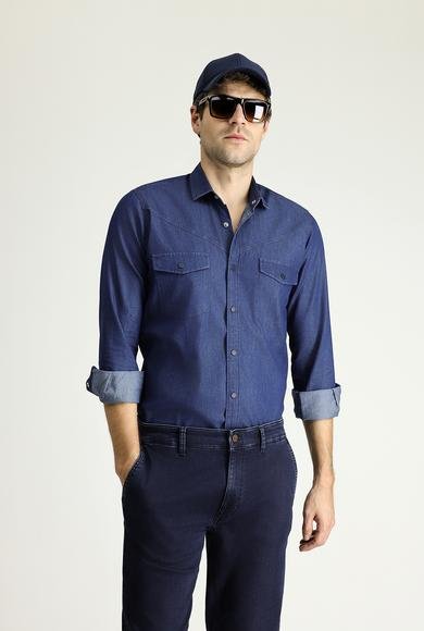 Erkek Giyim - İNDİGO XXL Beden Uzun Kol Slim Fit Dar Kesim Denim Pamuk Gömlek