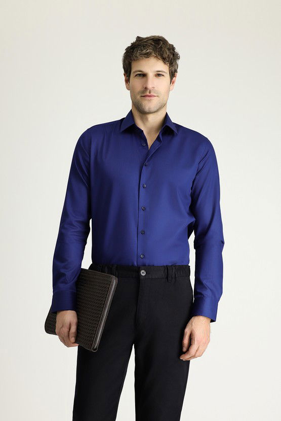Erkek Giyim - Uzun Kol Slim Fit Dar Kesim Klasik Non Iron Saten Pamuklu Gömlek