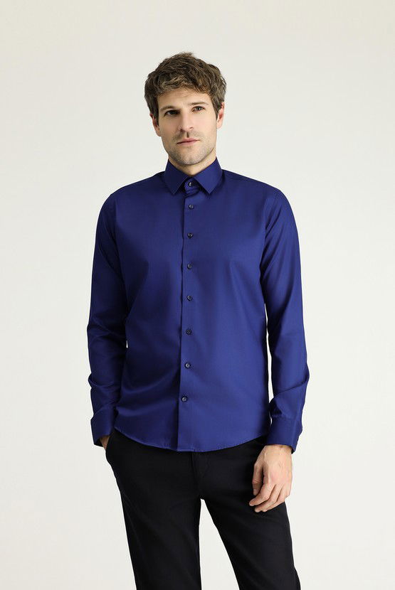 Erkek Giyim - Uzun Kol Slim Fit Dar Kesim Klasik Non Iron Saten Pamuklu Gömlek