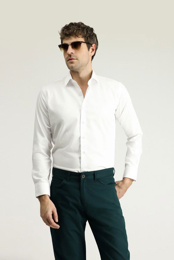 Erkek Giyim - Uzun Kol Slim Fit Dar Kesim Klasik Non Iron Saten Pamuklu Gömlek