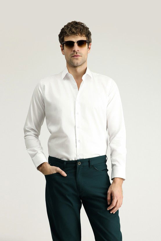 Erkek Giyim - Uzun Kol Slim Fit Dar Kesim Klasik Non Iron Saten Pamuklu Gömlek