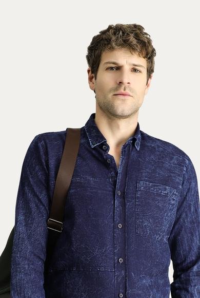 Erkek Giyim - İNDİGO M Beden Uzun Kol Slim Fit Dar Kesim Denim Pamuk Gömlek