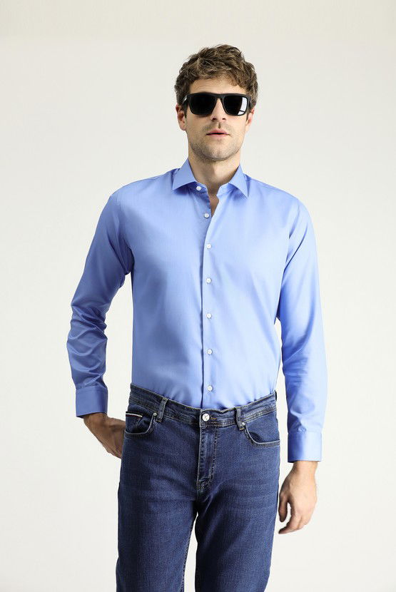 Erkek Giyim - Uzun Kol Slim Fit Dar Kesim Klasik Non Iron Saten Pamuklu Gömlek