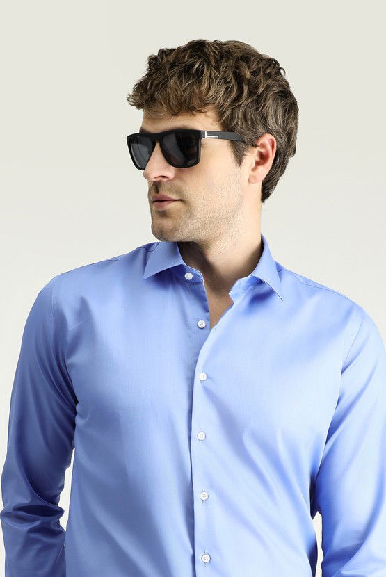 Erkek Giyim - Uzun Kol Slim Fit Dar Kesim Klasik Non Iron Saten Pamuklu Gömlek