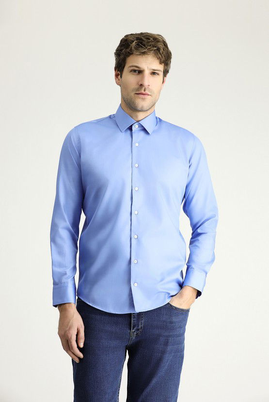 Erkek Giyim - Uzun Kol Slim Fit Dar Kesim Klasik Non Iron Saten Pamuklu Gömlek