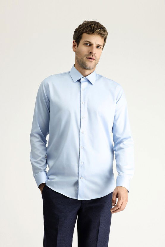 Erkek Giyim - Uzun Kol Slim Fit Dar Kesim Klasik Non Iron Saten Pamuklu Gömlek