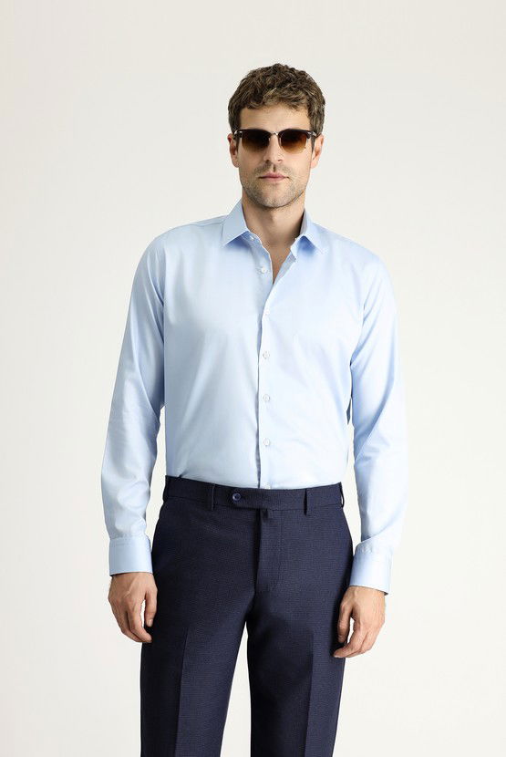 Erkek Giyim - Uzun Kol Slim Fit Dar Kesim Klasik Non Iron Saten Pamuklu Gömlek