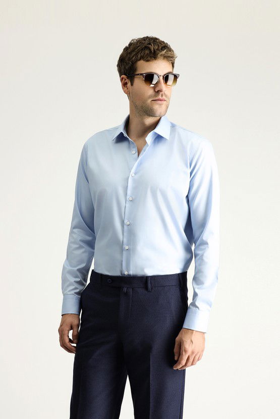 Erkek Giyim - Uzun Kol Slim Fit Dar Kesim Klasik Non Iron Saten Pamuklu Gömlek